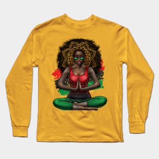 Black Beauty With Afro Love Yoga and Pan African Flag Long Sleeve T-Shirt